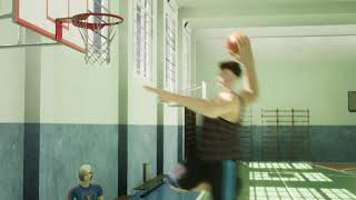 A person approaching a basketball hoop with a basketball in hand in a gym